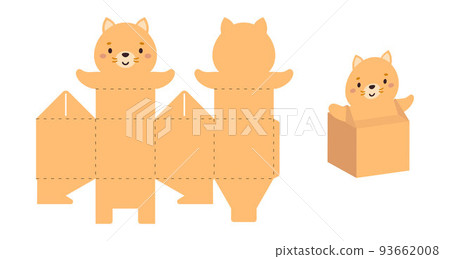 Simple packaging favor box cat design for sweets, candies, small presents. Party package template for any purposes, birthday, baby shower. Print, cut out, fold, glue. Vector stock illustration 93662008