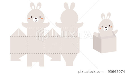 Simple packaging favor box bunny design for sweets, candies, small presents. Party package template for any purposes, birthday, baby shower. Print, cut out, fold, glue. Vector stock illustration Simple packaging favor box bunny design for sweets, candies, small presents. Party package template for any purposes, birthday, baby shower. Print, cut out, fold, glue. Vector stock illustration 93662074