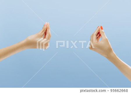 Ask. Graceful female hands gesturing isolated on blue background. Concept of relationship, feelings, community, care, support, symbolism, art 93662668
