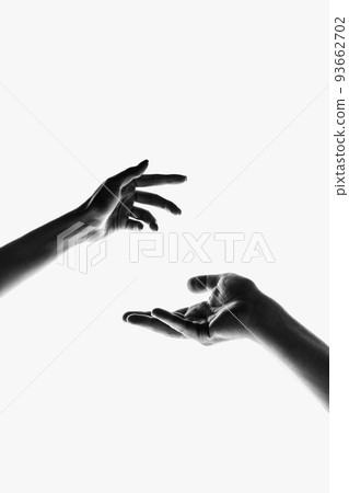 Tenderness. Monochrome. Authentic hands gesturing isolated on white background. Concept of feelings, community, care, support, symbolism, art 93662702
