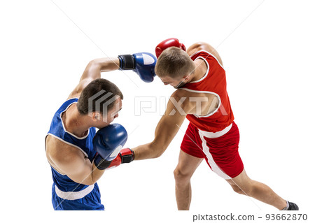 Fight. Professional male boxer in sports uniform and gloves training isolated on white background. Concept of sport, competition, training, energy Fight. Professional male boxer in sports uniform and gloves training isolated on white background. Concept of sport, competition, training, energy 93662870
