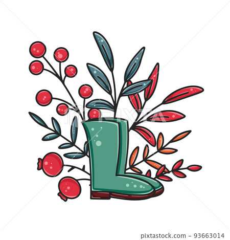 Autumn composition with rubber boots, berries and leaves 93663014