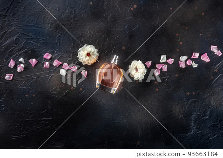 Rose fragrance, floral essence flat lay composition, shot from the top 93663184