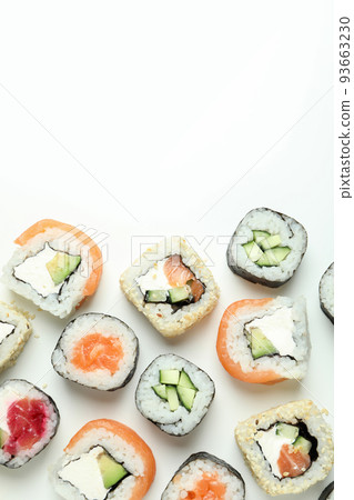 Concept of tasty food with sushi, space for text 93663230