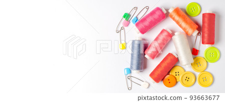Accessories for sewing on a white background. Closeup. Copy space 93663677