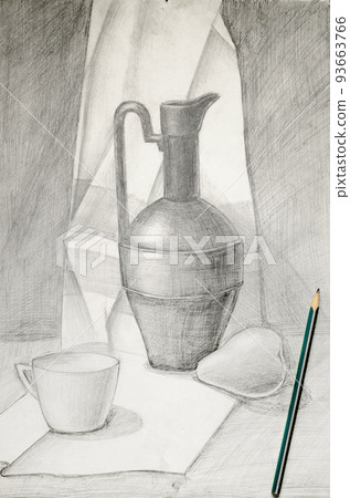 The still life is drawn in pencil. The concept of learning to draw 93663766
