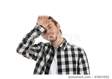 Tired young man isolated on white background 93663992