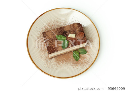 Plate with Tiramisu cake isolated on white background Plate with Tiramisu cake isolated on white background 93664009