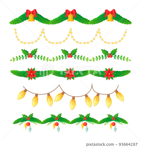 Christmas ornate garland set. Fir branch with christmas balls, bows, candles, electric lights. 93664287