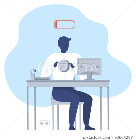 emotional burnout syndrome. Man with no energy works at a computer. Office worker exhaustion. Mental health concept. 93664297