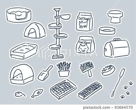 貓用品：貓廁所、貓塔、貓床、白色邊框手繪線描材料套裝 93664570