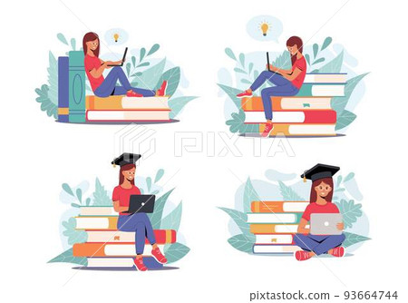 Set of Student girls studying with laptop. Young woman sitting on stack of books, getting knowledge online. Collection of vector illustration for e-learning, internet course, school concept. Education 93664744