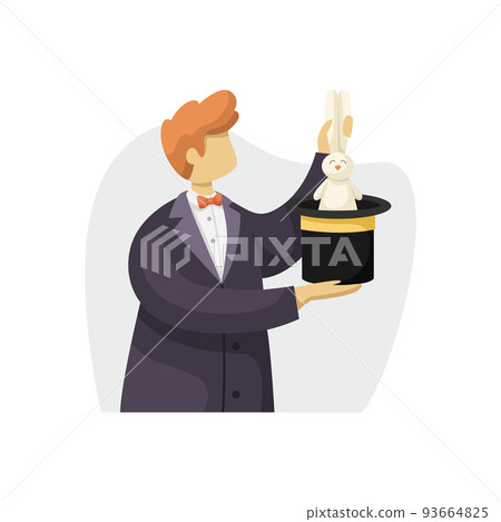 Vector illustration of a male magician pulling a hare out of a hat. Flat style 93664825