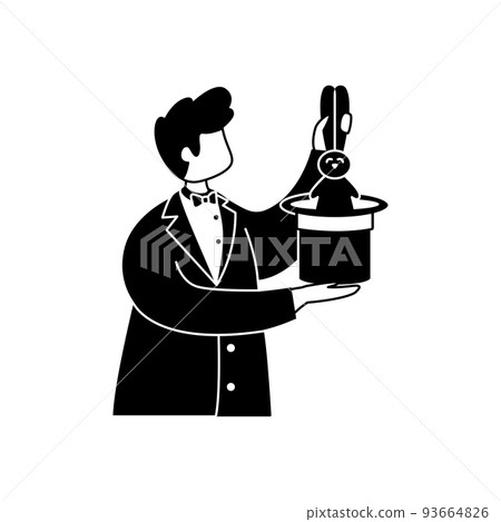 Vector illustration of a male magician pulling a hare out of a hat. Outline 93664826