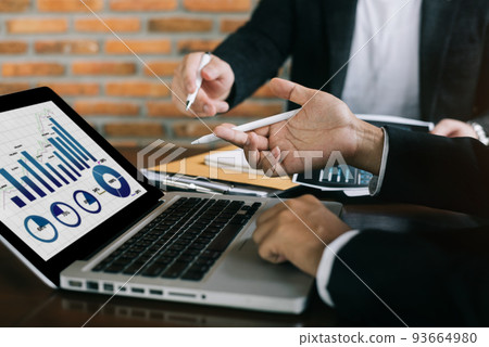 business people discussing on performance revenue in meeting. businessman working with co-worker team. financial adviser analyzing data with investor. business people discussing on performance revenue in meeting. businessman working with co-worker team. financial adviser analyzing data with investor. 93664980