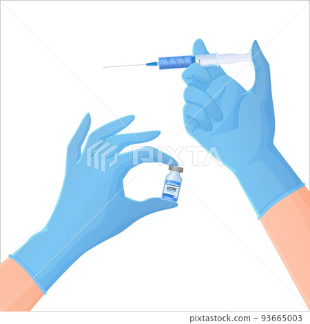 Hands in blue protective gloves holding a vial with medcine and syringe. Vaccination, doctor, clinic help, injection concept. Stock vector illustration in cartoon realistic style isolated on white 93665003