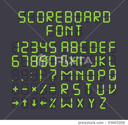 Green scoreboard alphabet. Can be used as sport match board, airport timetable, digital terminal font, led indicator clock, timer or display information. Stock vector illustration in flat style 93665006