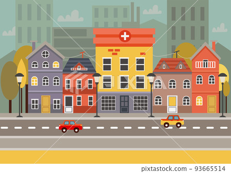 city building houses view skyline background real estate cute town concept horizontal banner flat vector illustration 93665514