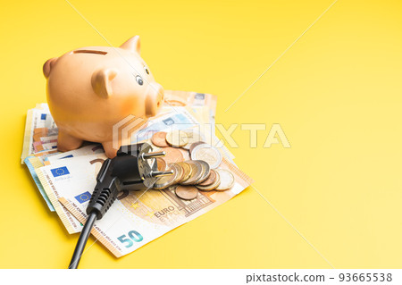 Electric plug, piggy bank and euro money. Concept of increasing electricity prices. 93665538