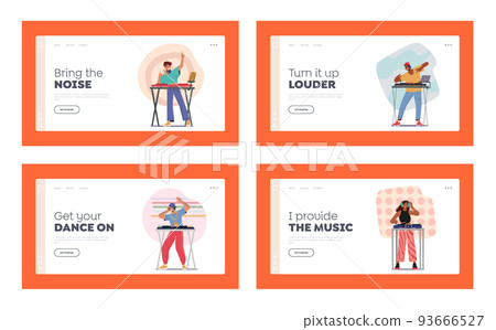 Happy Dj Characters Landing Page Template Set. Men and Women with Headphones Playing and Mixing Music at Night Club Happy Dj Characters Landing Page Template Set. Men and Women with Headphones Playing and Mixing Music at Night Club 93666527