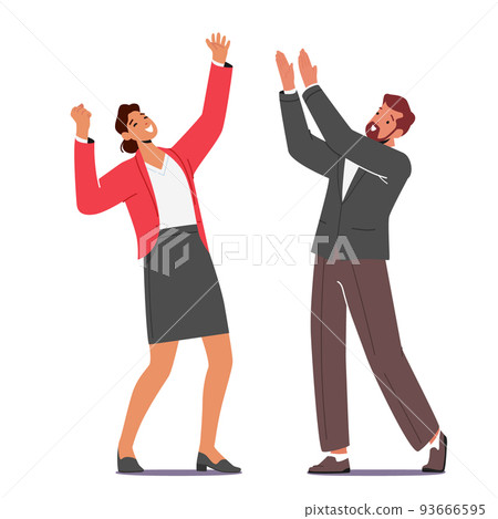 Cheerful Colleagues Office Employees Rejoice. Happy Male and Female Character in Uniform Laugh with Raised Hands Cheerful Colleagues Office Employees Rejoice. Happy Male and Female Character in Uniform Laugh with Raised Hands 93666595