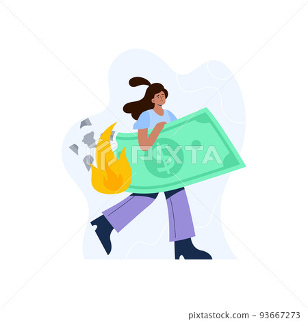 Inflation concept. The financial crisis, decrease the value of the currency. A woman loses investment due to inflation. Vector flat illustration. Inflation concept. The financial crisis, decrease the value of the currency. A woman loses investment due to inflation. Vector flat illustration. 93667273