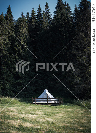 front view of glamping camping tent in green meadow surrounded by fir tree forest 93667549
