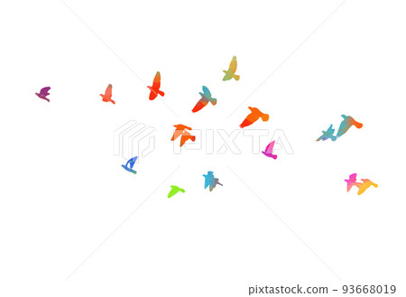 Abstract multicolored flying birds. Mixed media. Vector illustration 93668019