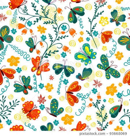 Cute background butterflies and flowers seamless pattern. Vector illustration. Summer floral repeat background for fabrics or wallpapers. Cute background butterflies and flowers seamless pattern. Vector illustration. Summer floral repeat background for fabrics or wallpapers. 93668069