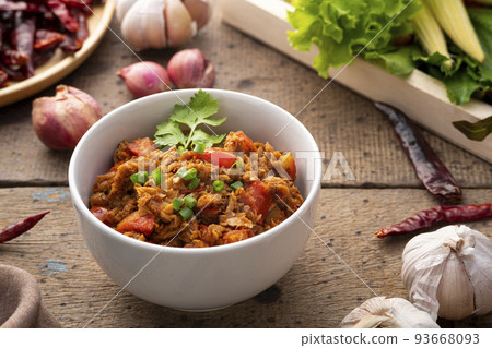 Thai Northern Style canned tuna and Tomato Chili Relish,Nam Prik Ong tuna (Northern thai meat with tomato spicy dip) Thai Northern Style canned tuna and Tomato Chili Relish,Nam Prik Ong tuna (Northern thai meat with tomato spicy dip) 93668093