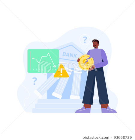 Bank collapse concept. The financial crisis, economic recession, bankruptcy, depression. A man loses his savings and has no money. Vector flat illustration. Bank collapse concept. The financial crisis, economic recession, bankruptcy, depression. A man loses his savings and has no money. Vector flat illustration. 93668729