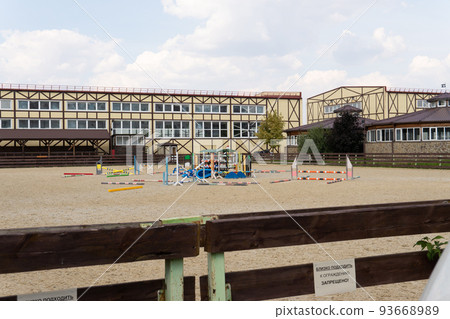 Horse equestrian saddle obstacle competition playpen woman girl motion, concept mare outdoor for horseback for competitive apple, course discipline. Helmet recreation set, 93668989