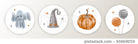 Funny Watercolor Hand Drawn Halloween Candy Bar Tags. Cute Halloween Cartoon. Infantile Style. Pumpkin, balloon, hat and Little Ghost. 93669059