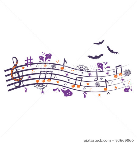 Black spider web with treble clef with pumpkin, bats and notes. Musical Composition at Halloween Party 93669060