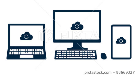 Icons of devices that use cloud storage. Laptop, desktop monitor, smartphone. Icons of devices that use cloud storage. Laptop, desktop monitor, smartphone. 93669327