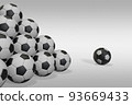 3D soccer ball in front of a pyramid of many other balls 93669433