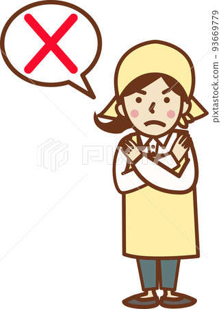 一個穿著圍裙做交叉姿勢的女人。 一個穿著圍裙做交叉姿勢的女人。 93669779