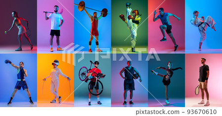 Poster, banner with professional sportsmen in sports uniform over multicolored background in neon filter. Concept of sport games, competition, achievements 93670610