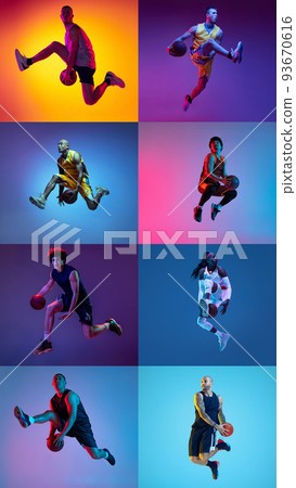 Vertical set of images of male and female professional basketball players jumping isolated on multicolor background in neon. Collage 93670616