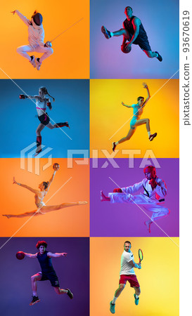 Vertical set of images of different professional athlete, fit people in action, motion isolated on multicolor background in neon. Collage Vertical set of images of different professional athlete, fit people in action, motion isolated on multicolor background in neon. Collage 93670619