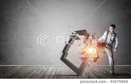 Stone home silhouette as symbol for real estate insurance crashed by man Stone home silhouette as symbol for real estate insurance crashed by man 93670669