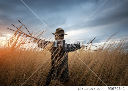Scary scarecrow in a hat and coat 93670841