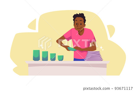 Perfectionist washing dishes obsessed with cleanliness flat vector isolated. Perfectionist washing dishes obsessed with cleanliness flat vector isolated. 93671117