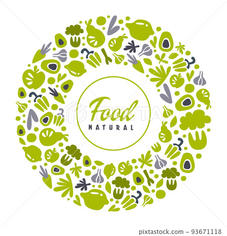 Organic Farm Food Round Banner with Hand Drawn Green Eco Crop Vector Template 93671118