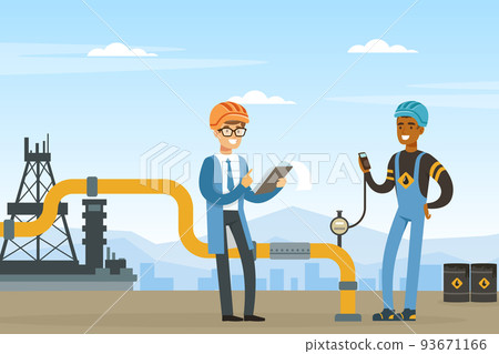 Oil or Petroleum Industry with Man Character in Blue Uniform Working with Pipeline Vector Illustration 93671166