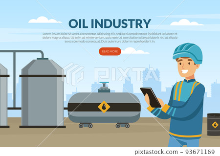 Oil or Petroleum Industry Landing Page with Man Character in Blue Uniform and Tank with Chemical Vector Template 93671169