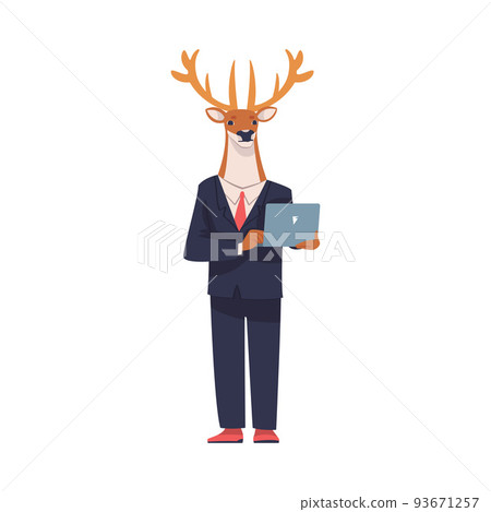 Deer as Animal Office Employee Wearing Formal Corporate Suit Standing with Laptop Vector Illustration Deer as Animal Office Employee Wearing Formal Corporate Suit Standing with Laptop Vector Illustration 93671257