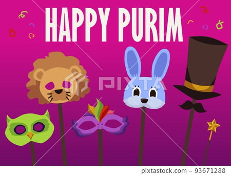 Purim lesser Jewish festival card or poster with masks, flat vector illustration. 93671288