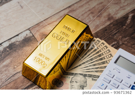 Gold ingot Gold and dollar bills Calculator 93671362