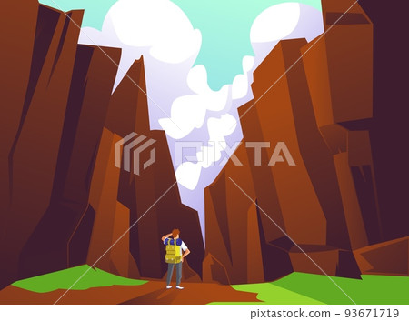 Hiker in the mountains admiring the mountain scenery, flat vector illustration. 93671719